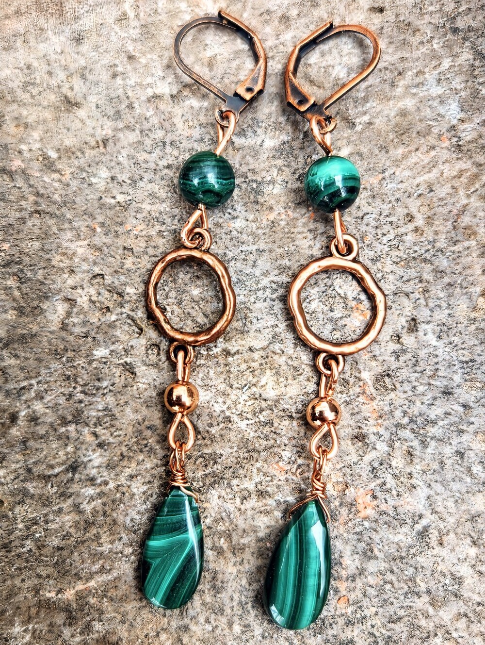 Genuine Green Malachite In Simple Bohemian Artisan Drop Antique Copper Earrings